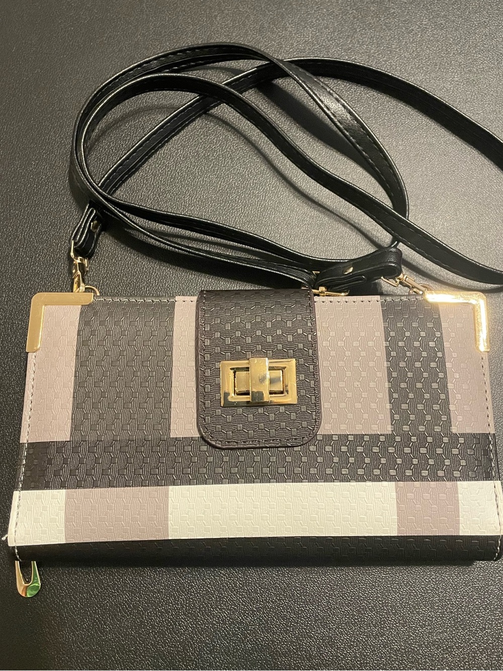 Striped Black & Taupe Crossbody Wallet with Gold Turn-Lock NWOT